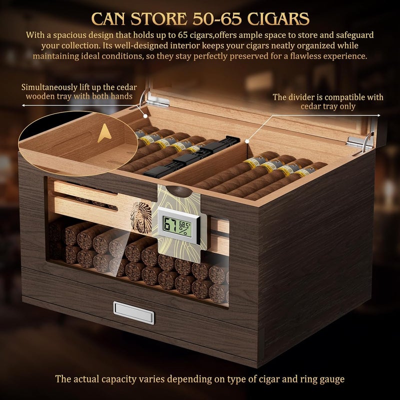 TISFA Cigar Humidor Cedar Wood Cigar Box with 2 Digital Hygrometer, 2 Humidifiers, Cedar Tray, Divider, Accessory Drawer, Glass Top Large Desktop Humidors and Acrylic Travel Cigar Tube Gifts Set - Image 5